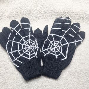Handmade Crochet Black Gloves with Embroidered Spider Web – Unisex